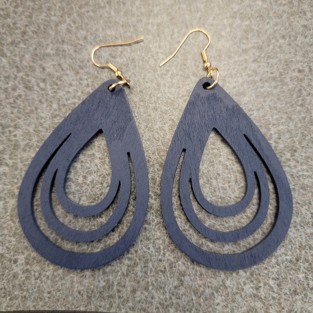 Dark Blue Bohemian Style Wood Dangle Earrings